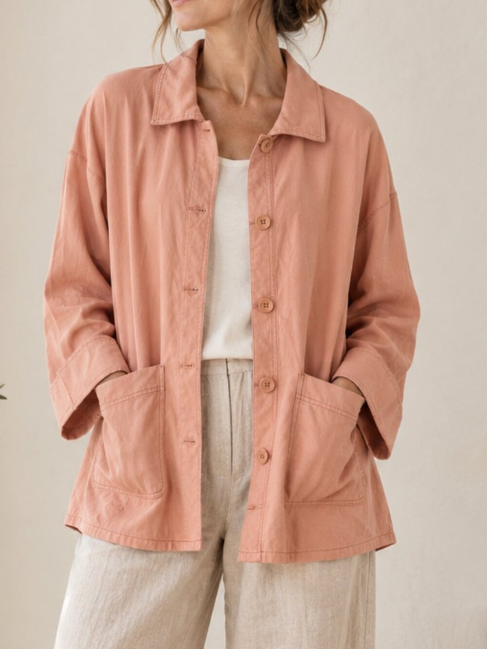 Eileen Fisher Coral Linen Button Front Shirt Jacket S/P Patch Pockets